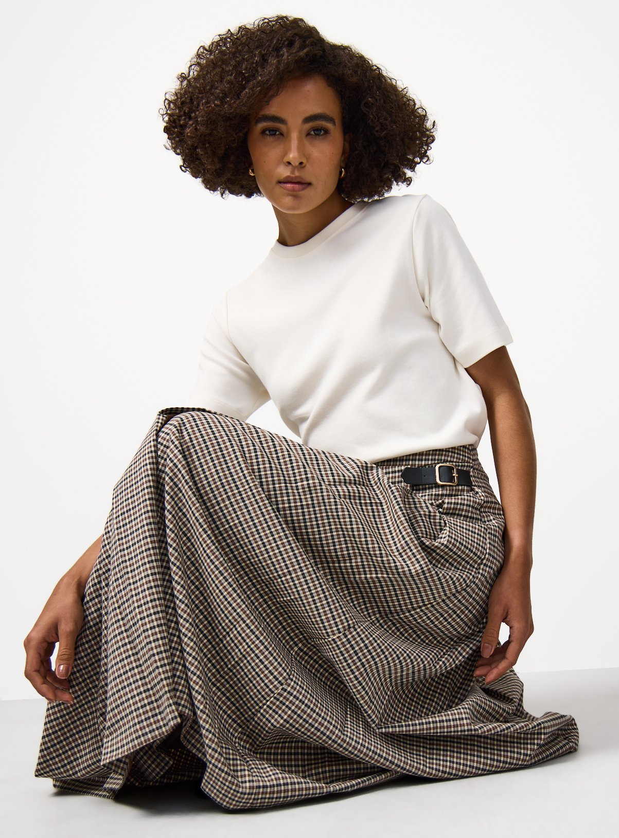 Neutral Houndstooth Check Pleated Midi Kilt Skirt 16 - Image 2 thumbnail